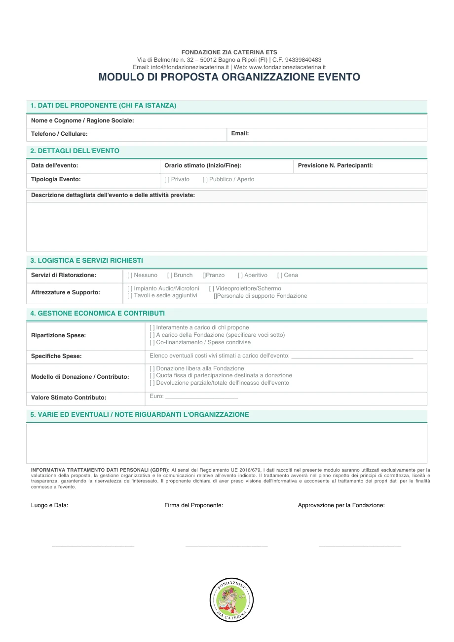 Anteprima del modulo di proposta organizzazione evento della Fondazione Zia Caterina