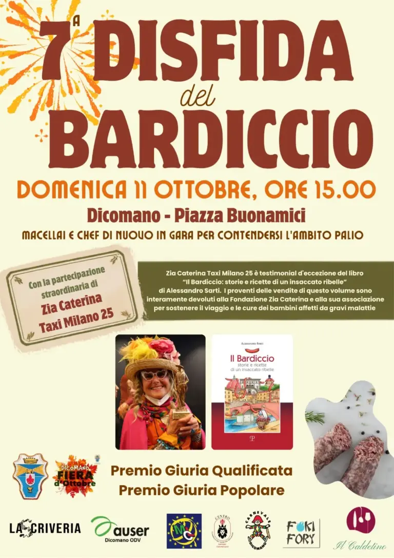 Locandina della 7ª Disfida del Bardiccio, domenica 11 ottobre 2026 in Piazza Buonamici a Dicomano, con la partecipazione di Zia Caterina Taxi Milano 25