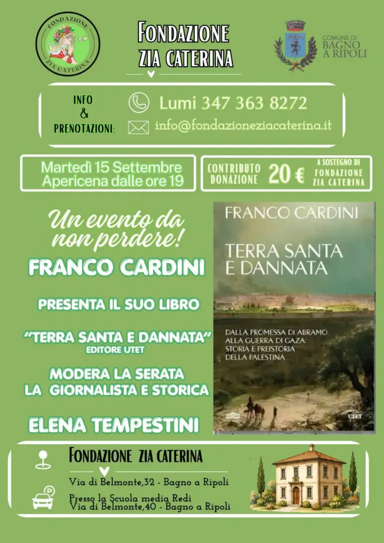 Locandina della presentazione del libro Terra Santa e dannata del 15 settembre 2026