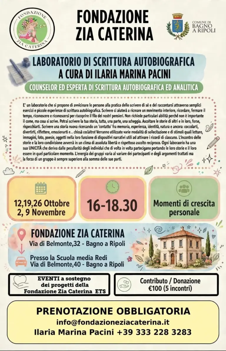 Locandina del laboratorio di scrittura autobiografica della Fondazione Zia Caterina, dal 12 ottobre al 9 novembre 2026