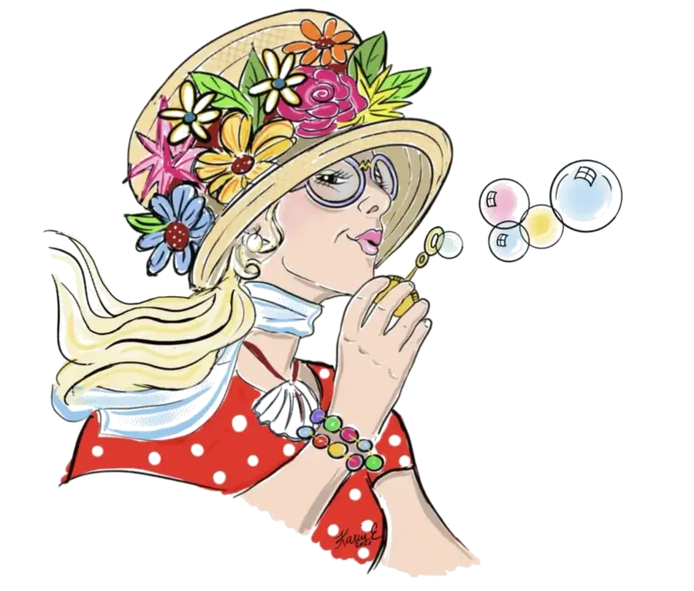 Illustrazione di Zia Caterina con cappello fiorito e bolle di sapone