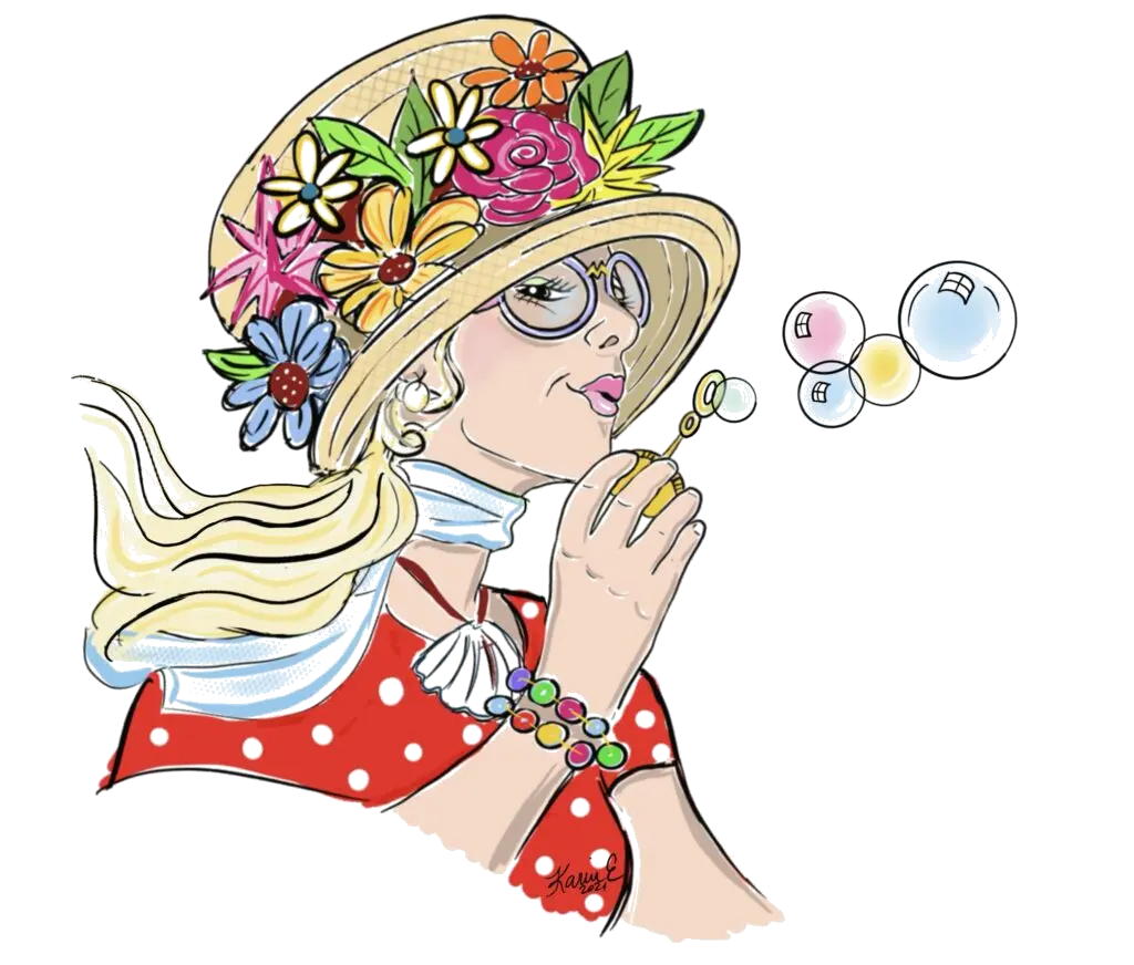 Illustrazione di Zia Caterina con cappello fiorito e bolle di sapone