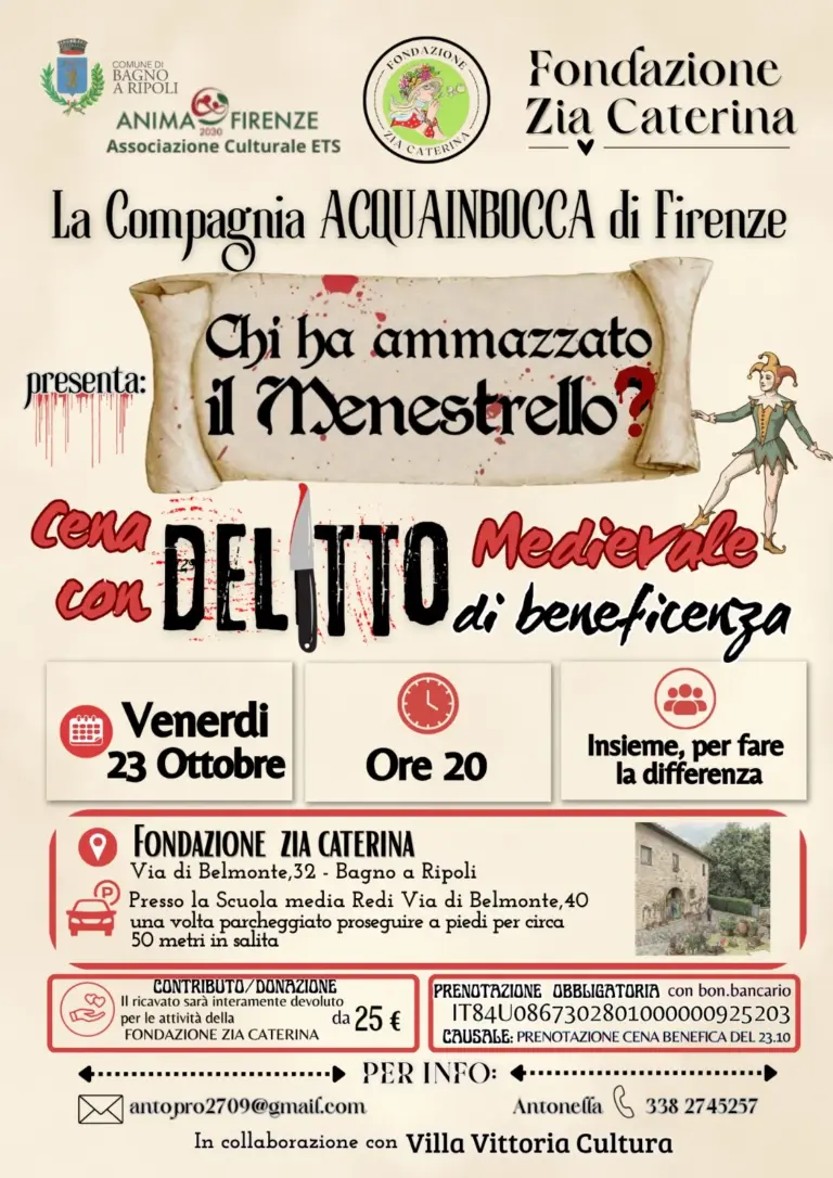 Locandina della cena con delitto medievale Chi ha ammazzato il Menestrello, venerdì 23 ottobre 2026 alle 20 alla Fondazione Zia Caterina