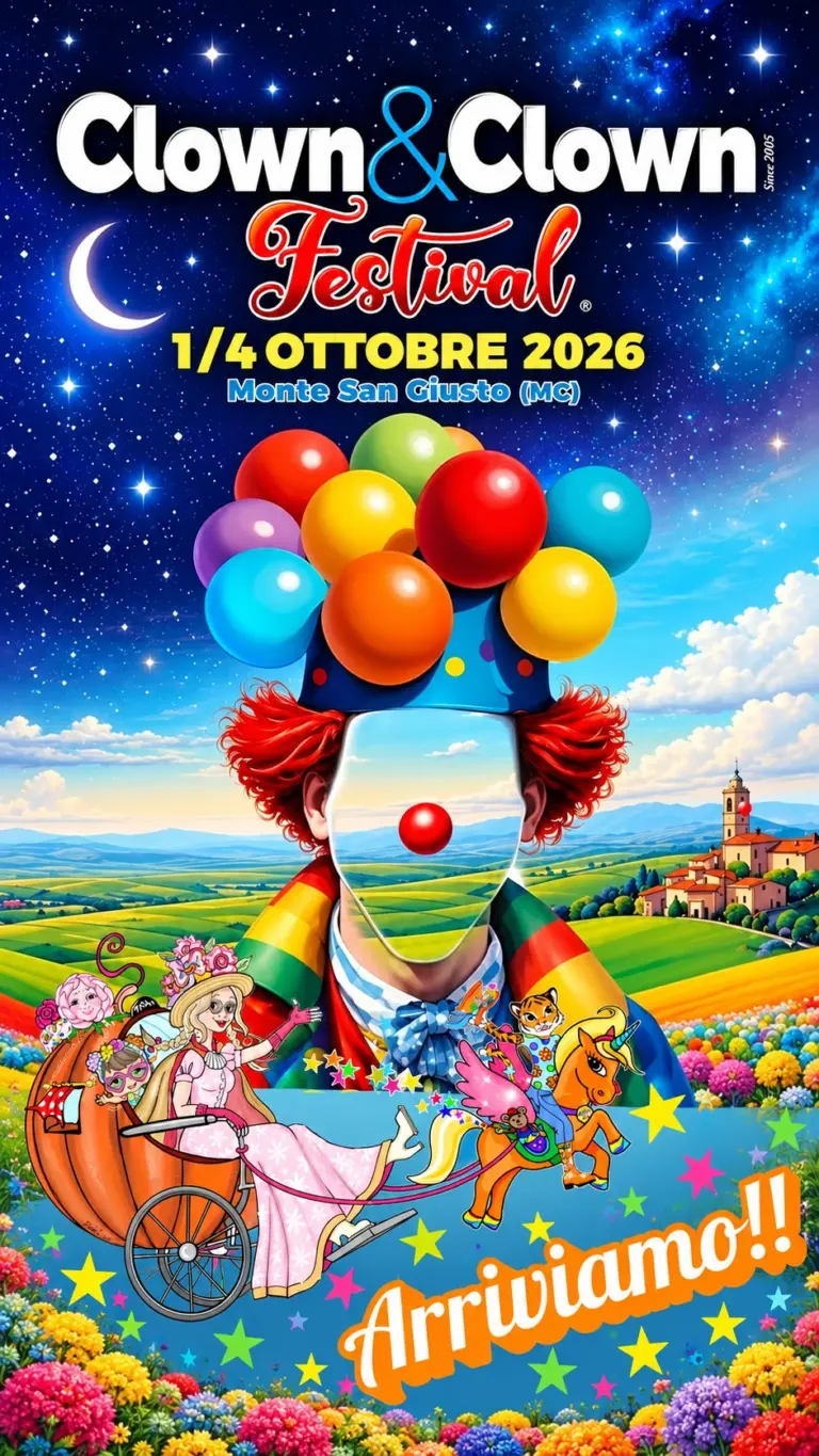 Locandina del Clown&Clown Festival a Monte San Giusto dall’1 al 4 ottobre 2026