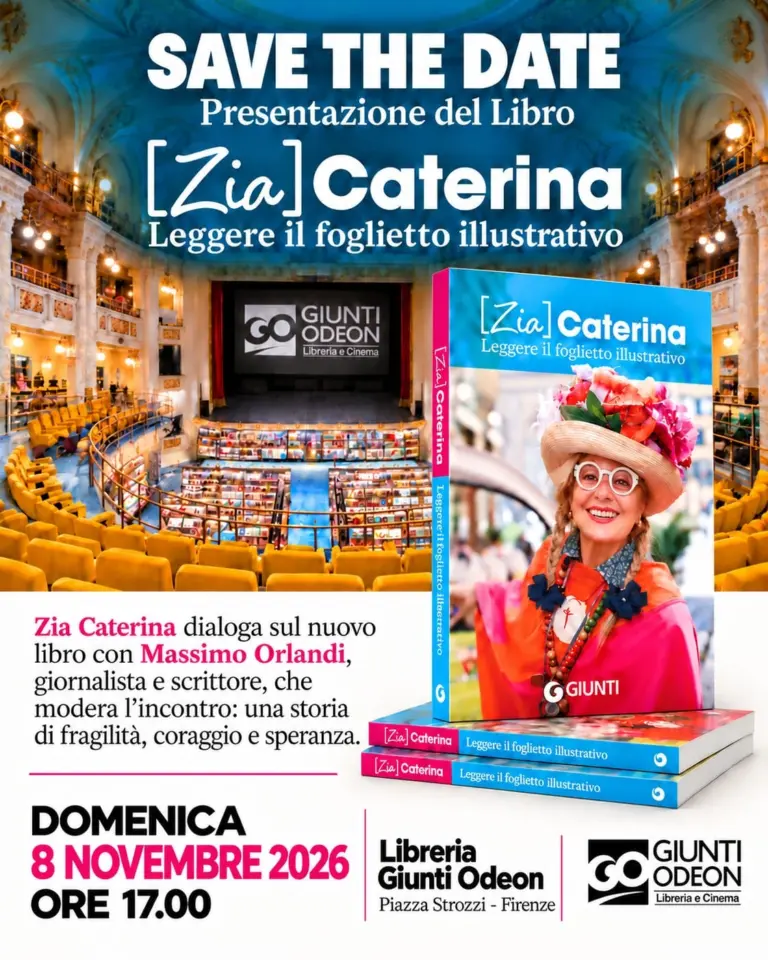 Locandina della presentazione del libro di Zia Caterina, 8 novembre 2026 ore 17, Giunti Odeon Firenze, con Massimo Orlandi e loghi Giunti