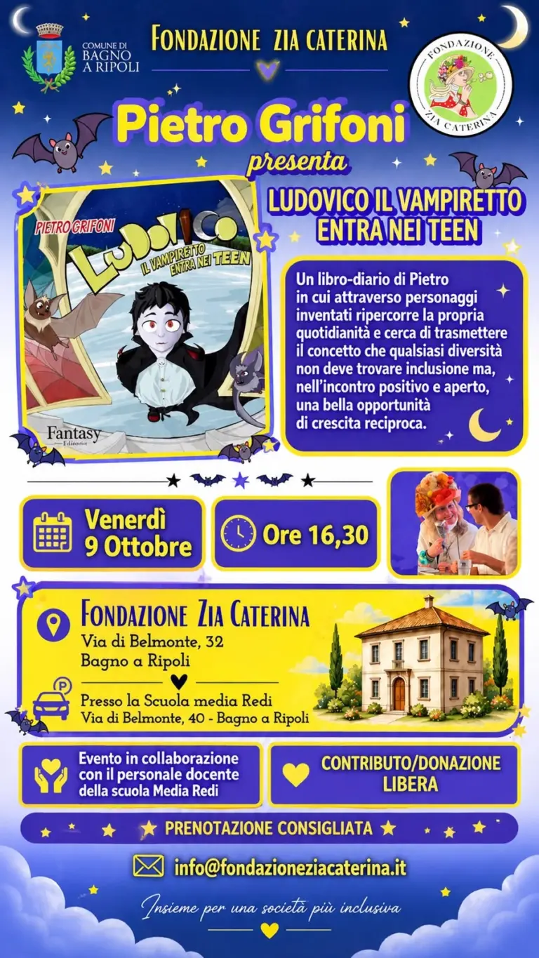 Locandina verticale della presentazione del libro Ludovico il vampiretto entra nei teen, 9 ottobre 2026