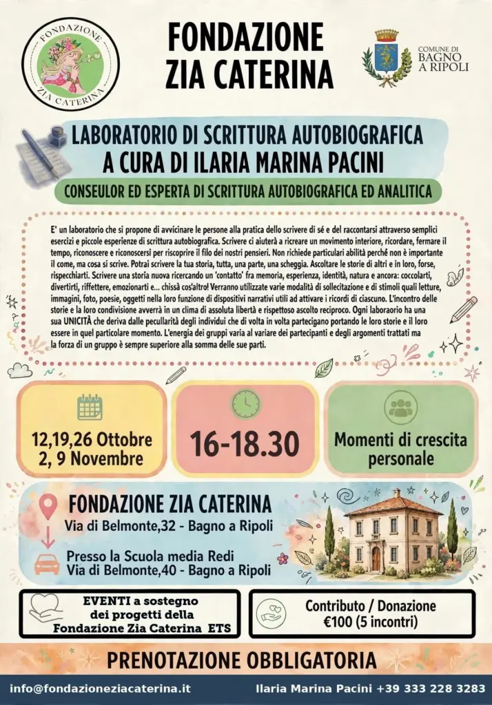 Locandina aggiornata del laboratorio di scrittura autobiografica, dal 12 ottobre al 9 novembre 2026